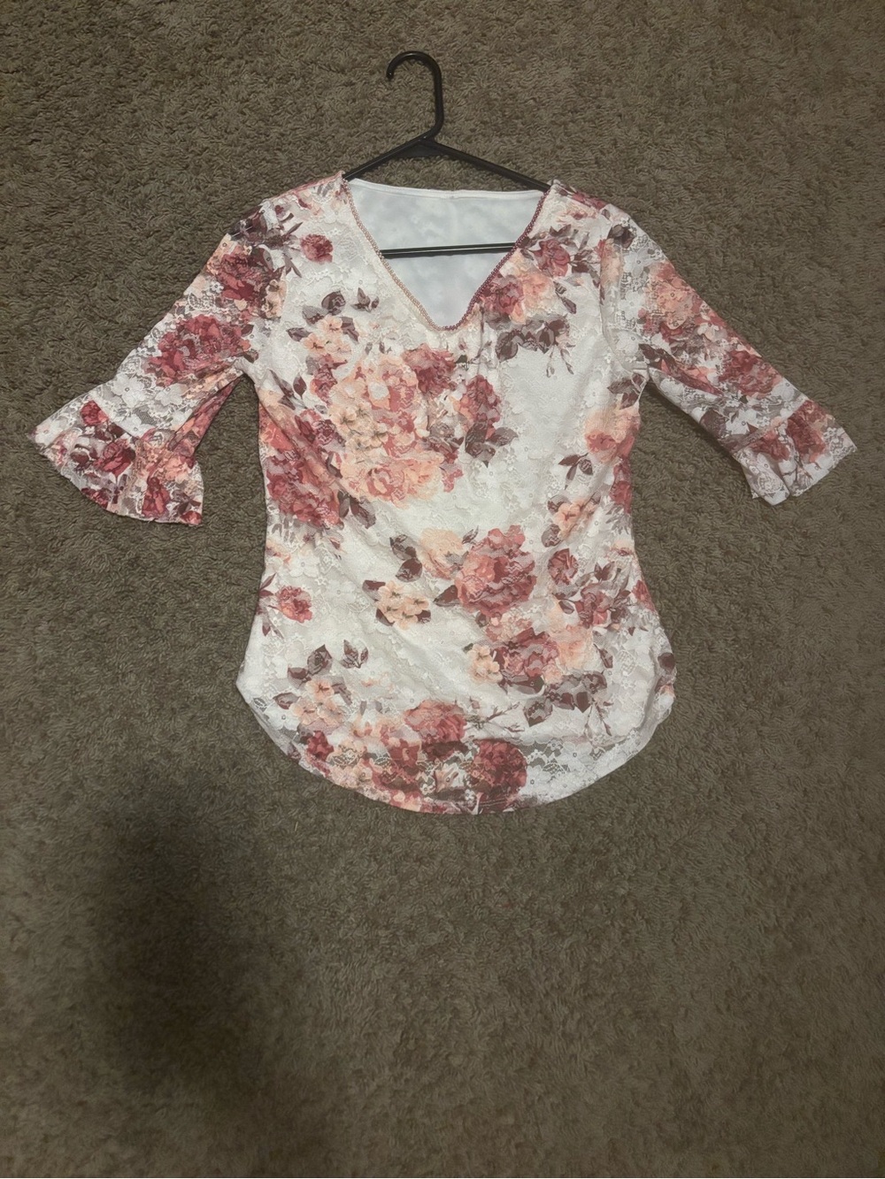 Floral Lace V-Neck Blouse - Rose Pink